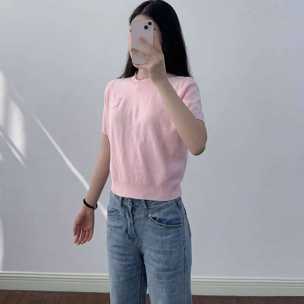 2026 Summer New Designer Women's Round Neck Thin Knitted g20 Short Sleeve Top with Single Back Buckle