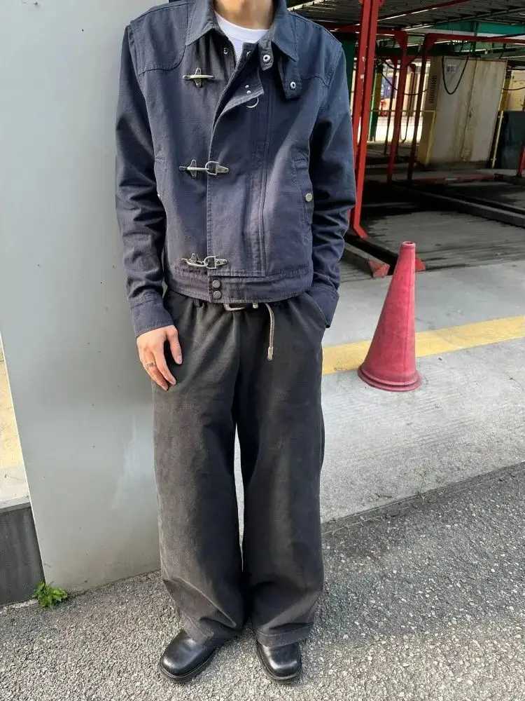 Vintage Airplane Buckle Stand Collar Coat Men Washed Jacket Cropped Oversized Cargo Outerwear Spring Fall Distressed Jacket C260325