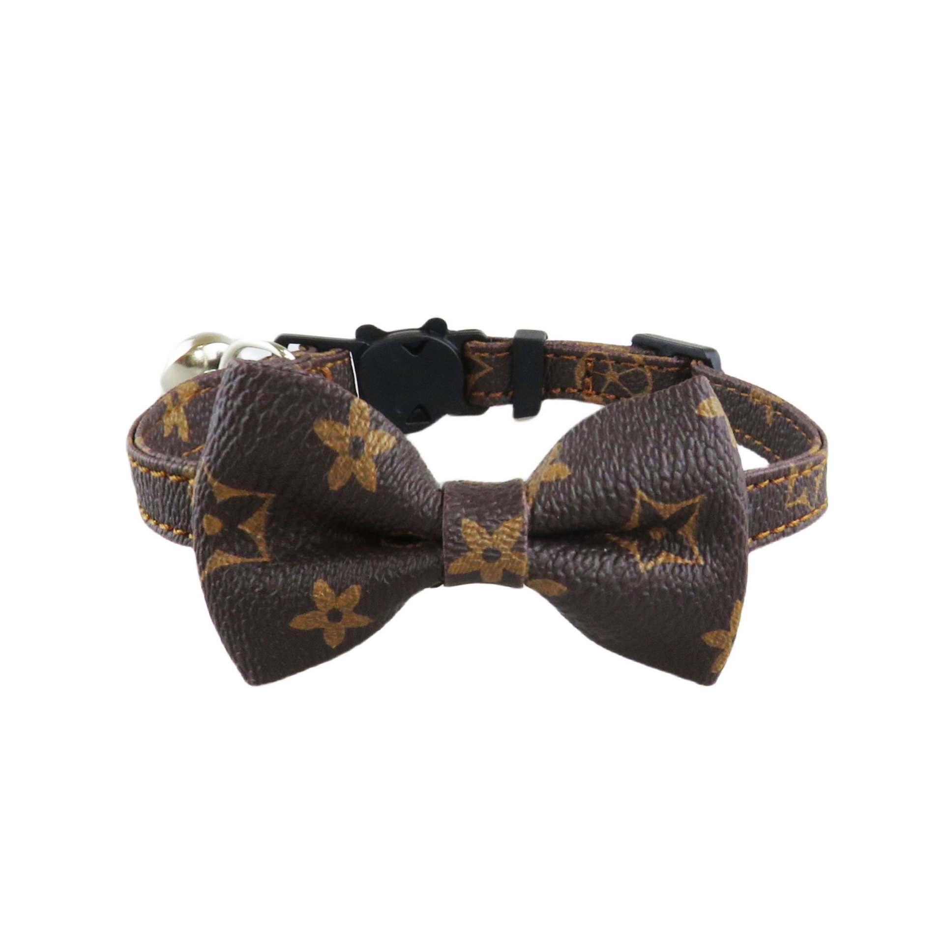 Vintage Pu Pet Collar Printed Pattern Cute Bow Design With Small Bell Safe Comfortable For Cats And Small Dogs