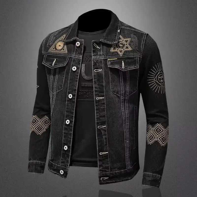 Mens Vintage Motorcycle Denim Jacket Spring Autumn Slim Loose Fit Embroidered Lapel Cotton Casual Black Blue Trendy Fashion C260325
