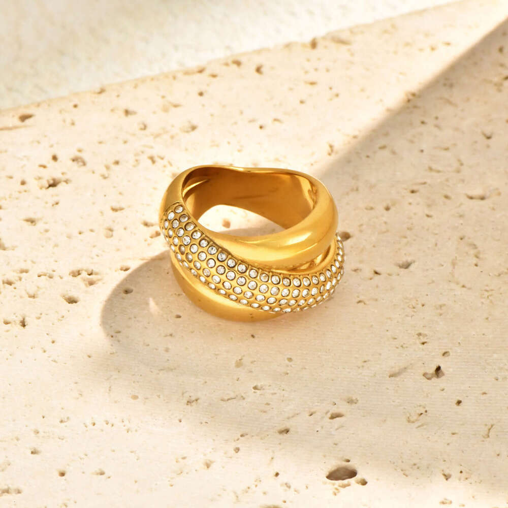 fashion ring desigenr for women geometric cross diamond inlaid zircon exaggerated stainless steel 18k gold ring