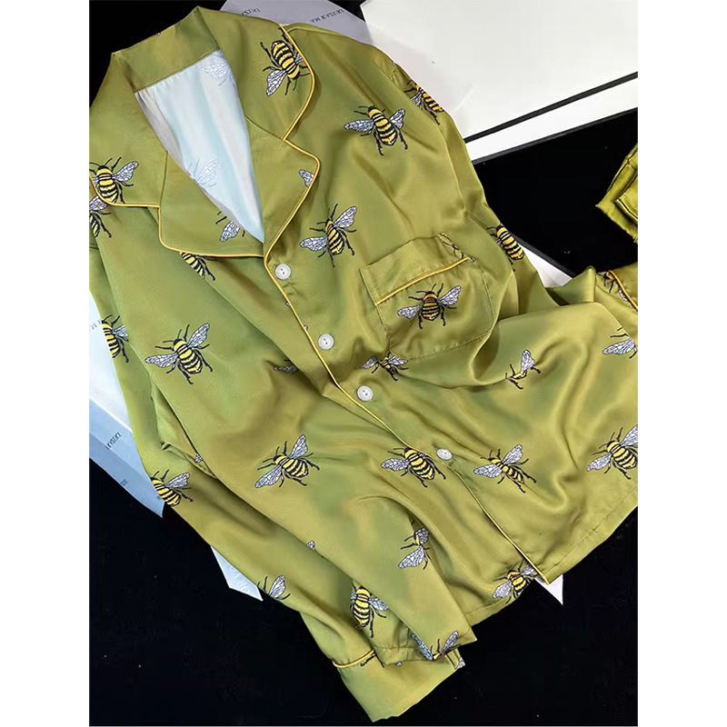 Pajamas Set High End Printed Women Elegant Lapel Long Sleeve Ice Silk Outdoor Wearable Green Homewear