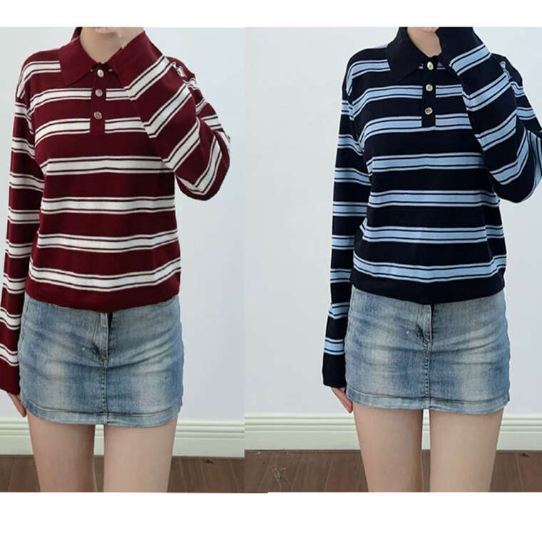 2026 autumn new designer casual loose two tone knitted k30 striped contrasting collar long sleeved top