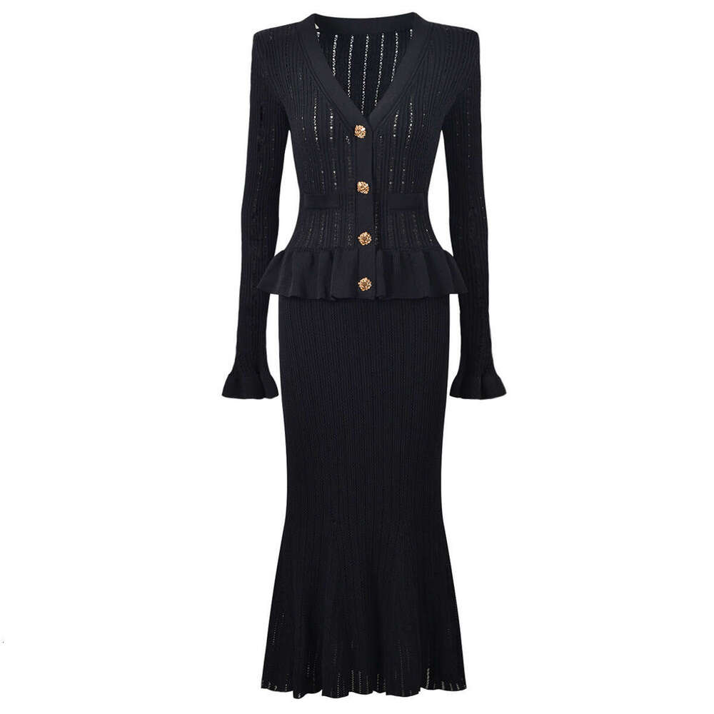 2026 Spring New Designer Elegant Social V-neck Ruffle Knitted Long Sleeve k30 Fishtail Slimming Women's Dress