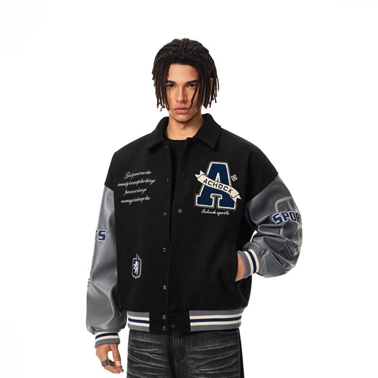 Trendy Vintage Varsity Jacket Men Autumn Streetwear Turn Down Collar Embroidery Patchwork Baseball Bomber Hip Hop Casual Coat C260325