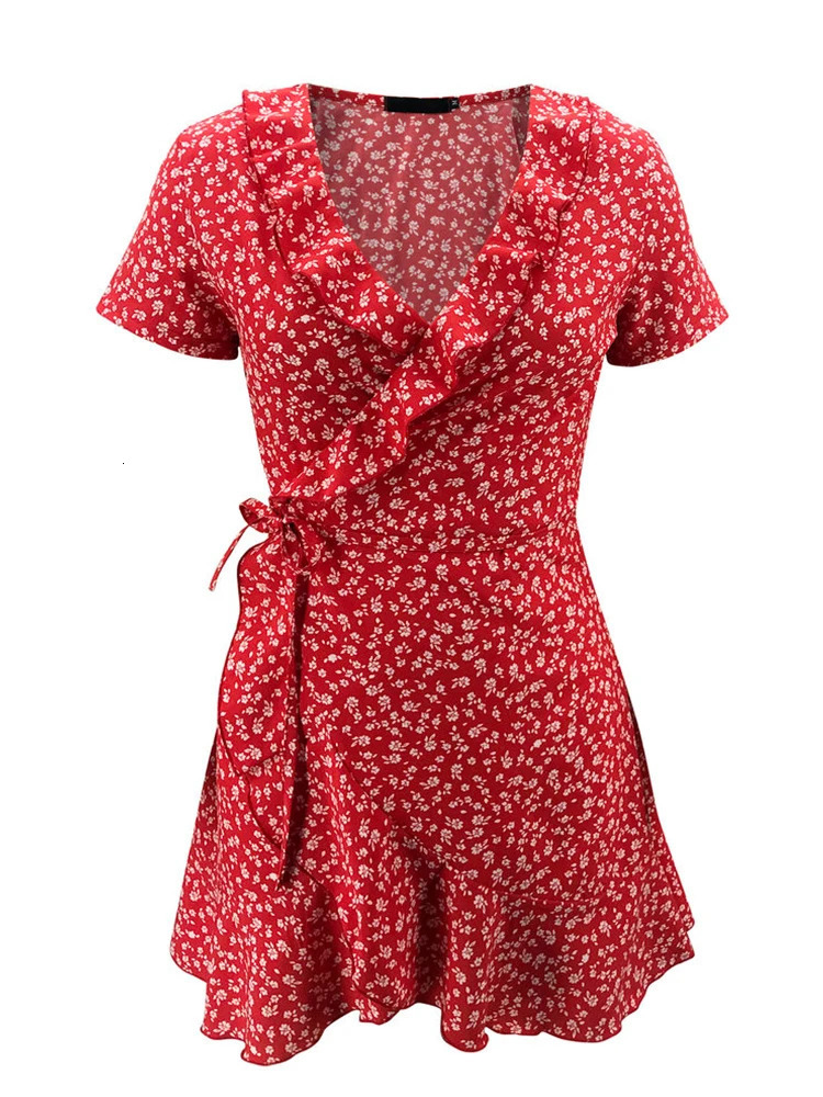 Summer Womens Floal ALine Dress Sweet Elegant Floral Ruffles Vneck Bandage Short for Lady Chic Flowers Mini w260324
