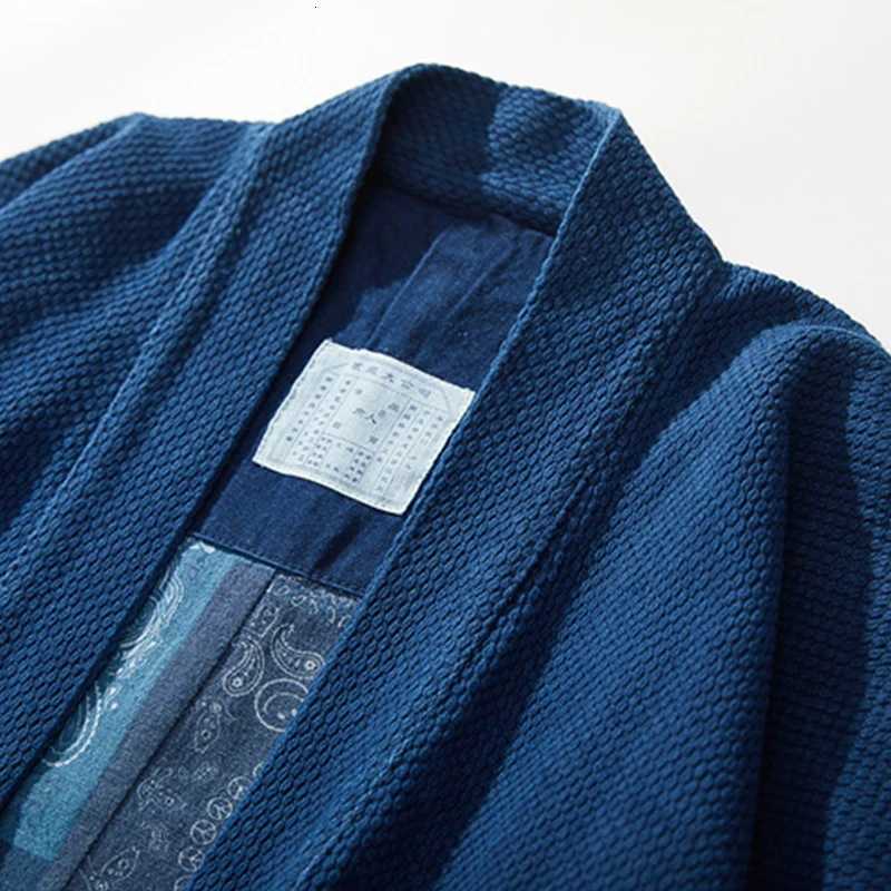 BADBOWL Japanese Retro Indigo Plant Kimono Blue Dyeing Road Robe Heavy Kendo Fabric Half Sleeve Jacket Men Casual Cardigan Coat C260325