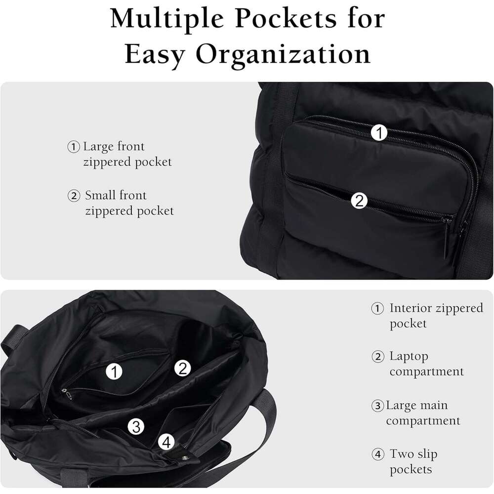 Women, Lightweight Quilted Puffer Tote with Multiple Pockets, Large Capacity Shoulder Work Bag for Travel