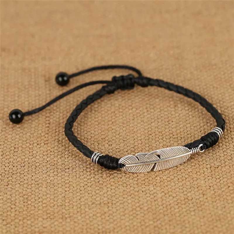 Leather Rope Lucky Anklet For Men Women Couple Handmade Feather Leaf Charm Foot Barefoot Sandal Beach Chain Jewelry H260325 - view 4