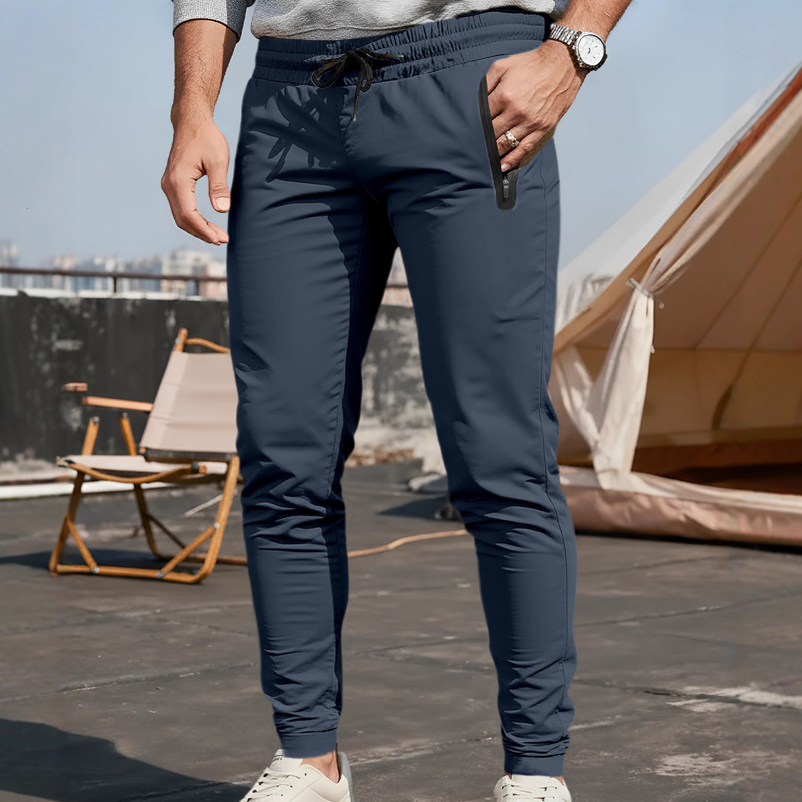 Men's Casual Sports Loose Fit Health Fabric Jogging Pants With Essential Pants Drawstring Waist Quick-dry Zipper Pockets