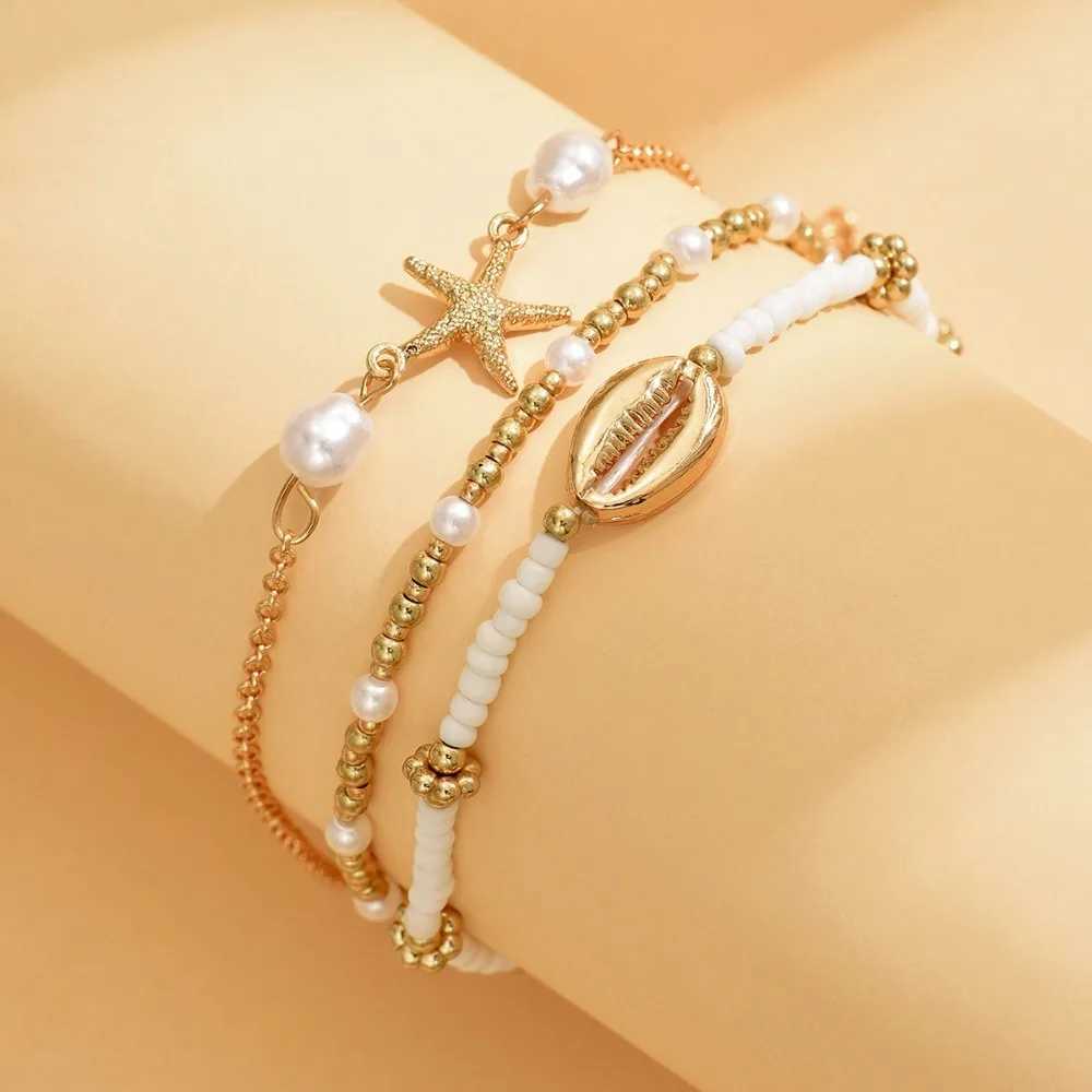 3pcs Set Boho Shell Starfish Imitation Pearl String Beads Multiple Layers Fold Wear Anklets for Women Beach Charm Jewelry Gifts H260325 - view 5