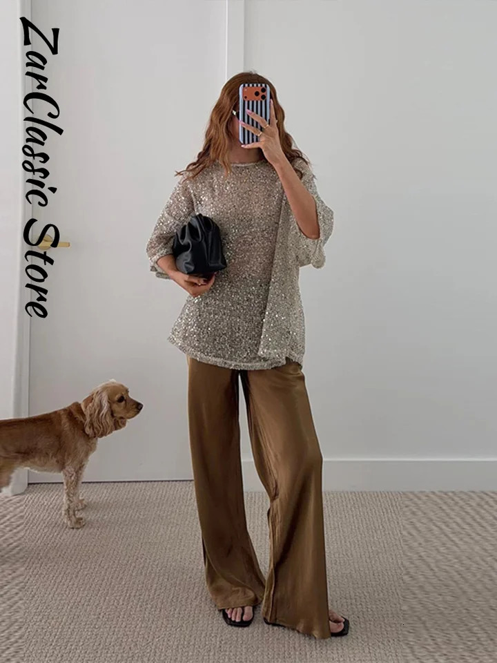 Sequin See Through Womens T-Shirt Hollow Out Oversize Round Neck Short Sleeve Loose Summer Top Lady Casual Daily Clothing 260324 - view 4