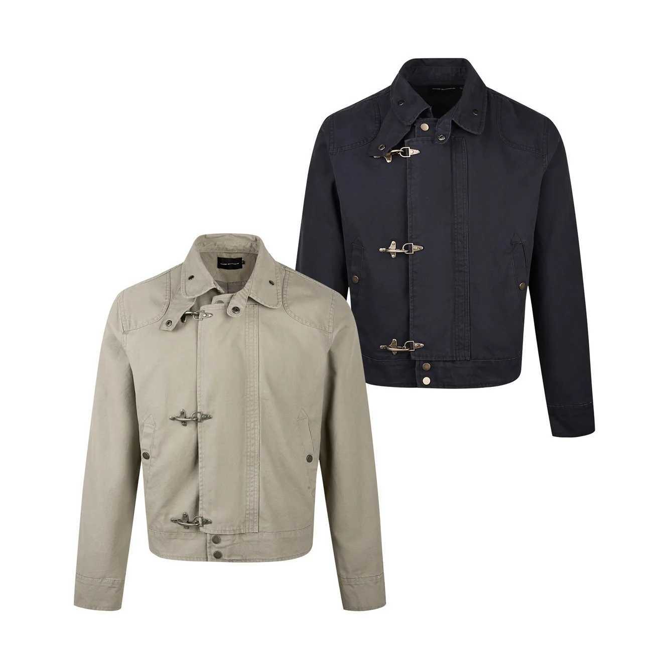 Mens Deconstructed Patchwork Aircraft Buckle Jacket Short Retro Workwear Korean Style Polyester Fiber Zipper Handbag C260325