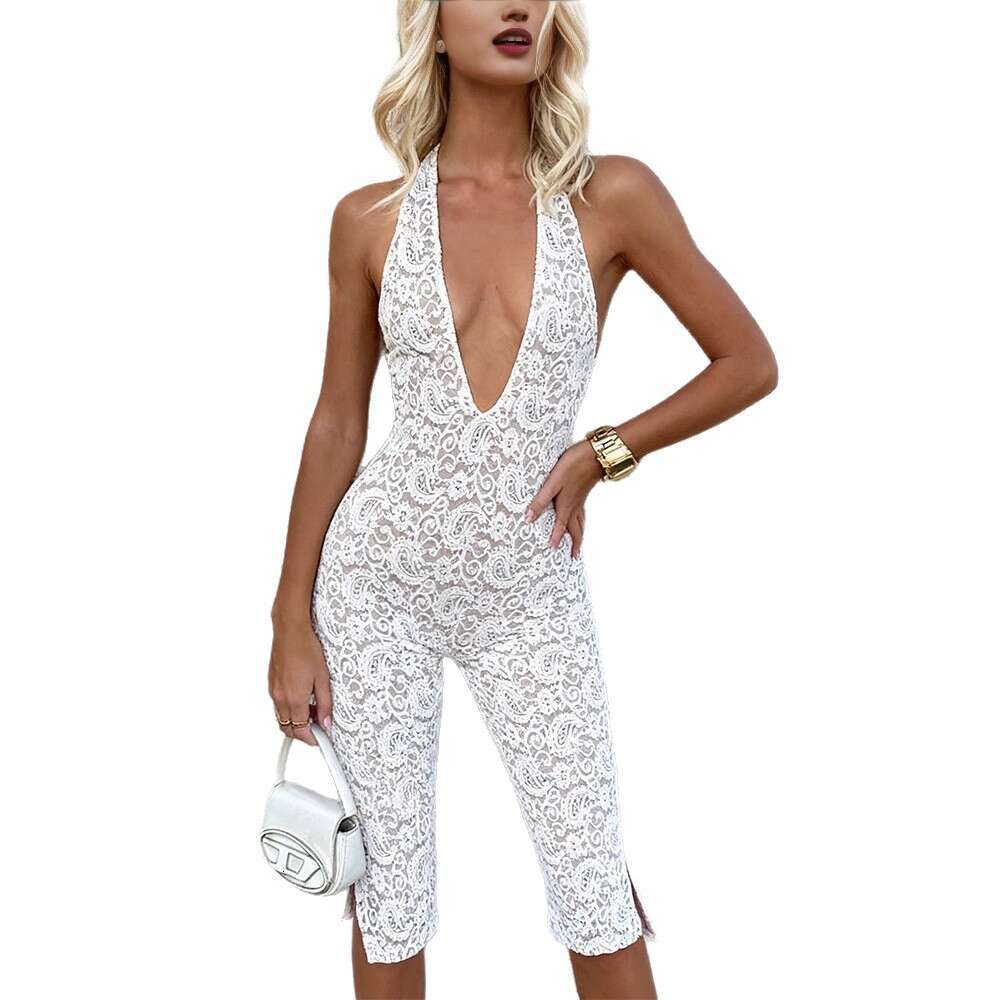 2026 Designer Women's k30 Fashion Lace Patch V-neck Strap Deep Bareback Split Pants jumpsuit