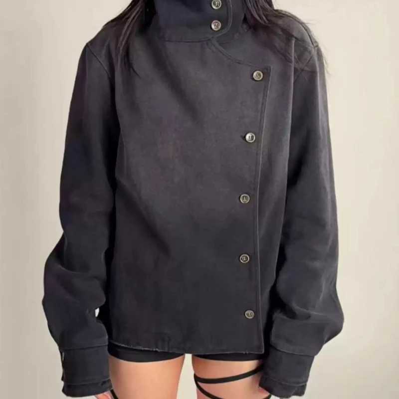 Mens Jacket Harajuku Y2K Fencing Vintage Wash Gradient Irregular Button Unisex Gothic Streetwear Canvas Cotton Casual Fashion C260325