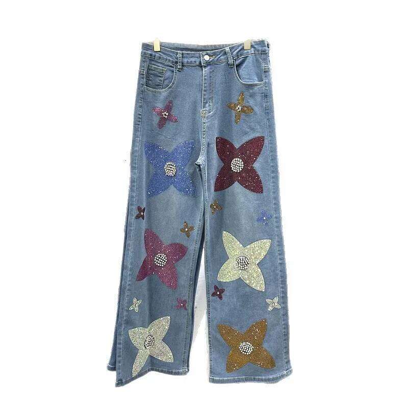 Europe Fashion Diamonds Hot Drilling Blue Jeans Women New Autumn All-match High Waist Wide Leg Pants Streetwear Denim Trousers jeans women womens jean