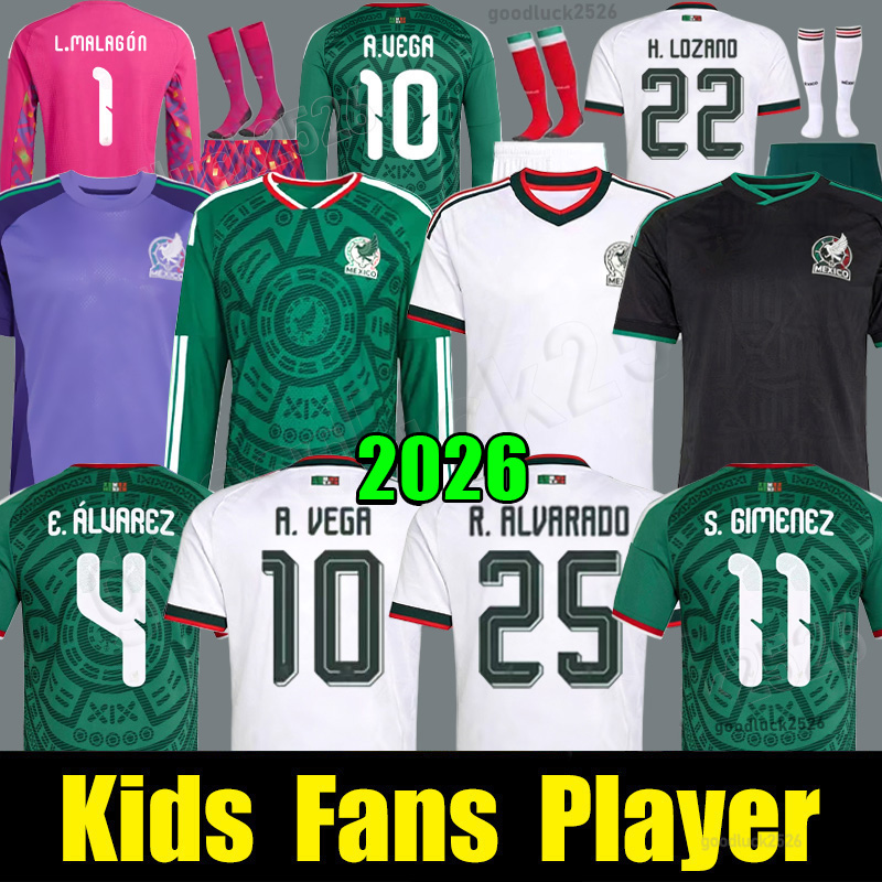 2026 World Cup Mexico Jersey RAUL GIMENEZ Soccer Jerseys 26 27 ALVAREZ LOZANO H.LOZANO VASQUEZ Football Shirts Men Kids kits Uniforms Fans Player Green Long sleeves