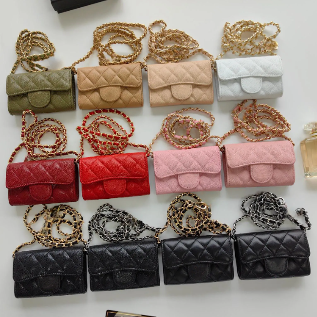 Classic Sheepskin Chain Full Leather Lipstick Bag Coin bag Caviar Cowskin leather for women short wallet 11*7cm Come with