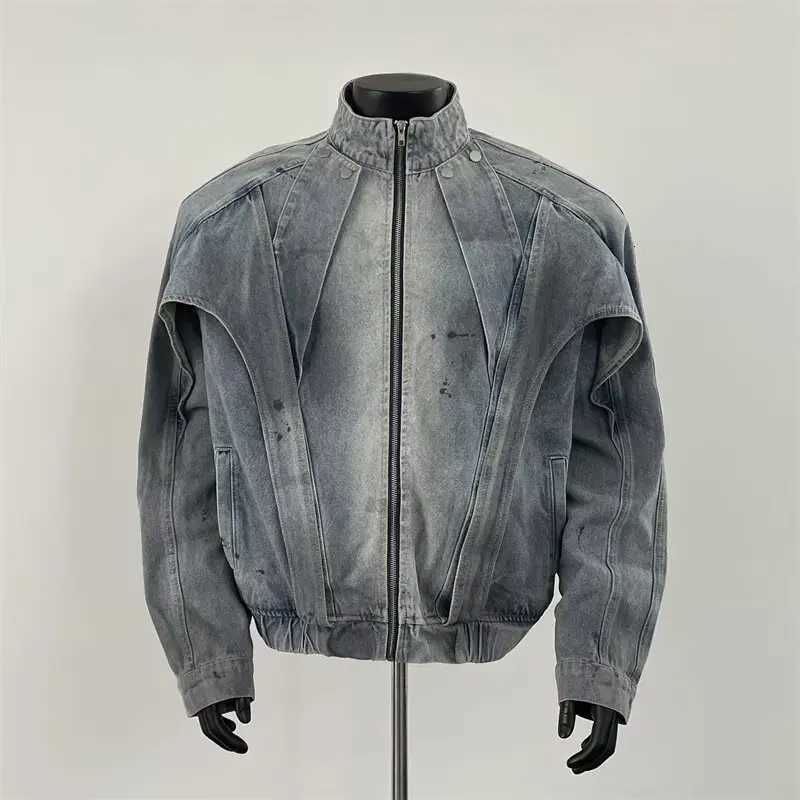 Distressed Dirty Denim Jacket Men American Vibe Deconstructed Stand Collar Coat Spring Autumn Loose Workwear Street Fashion C260325