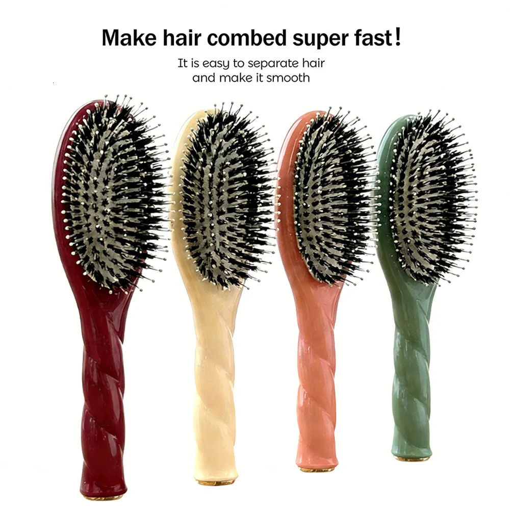 Macaron Large Size Boar Bristle Hair Brush Air Cushion Comb - Scalp Massage Detangling Hair Care Styling Tool 260325