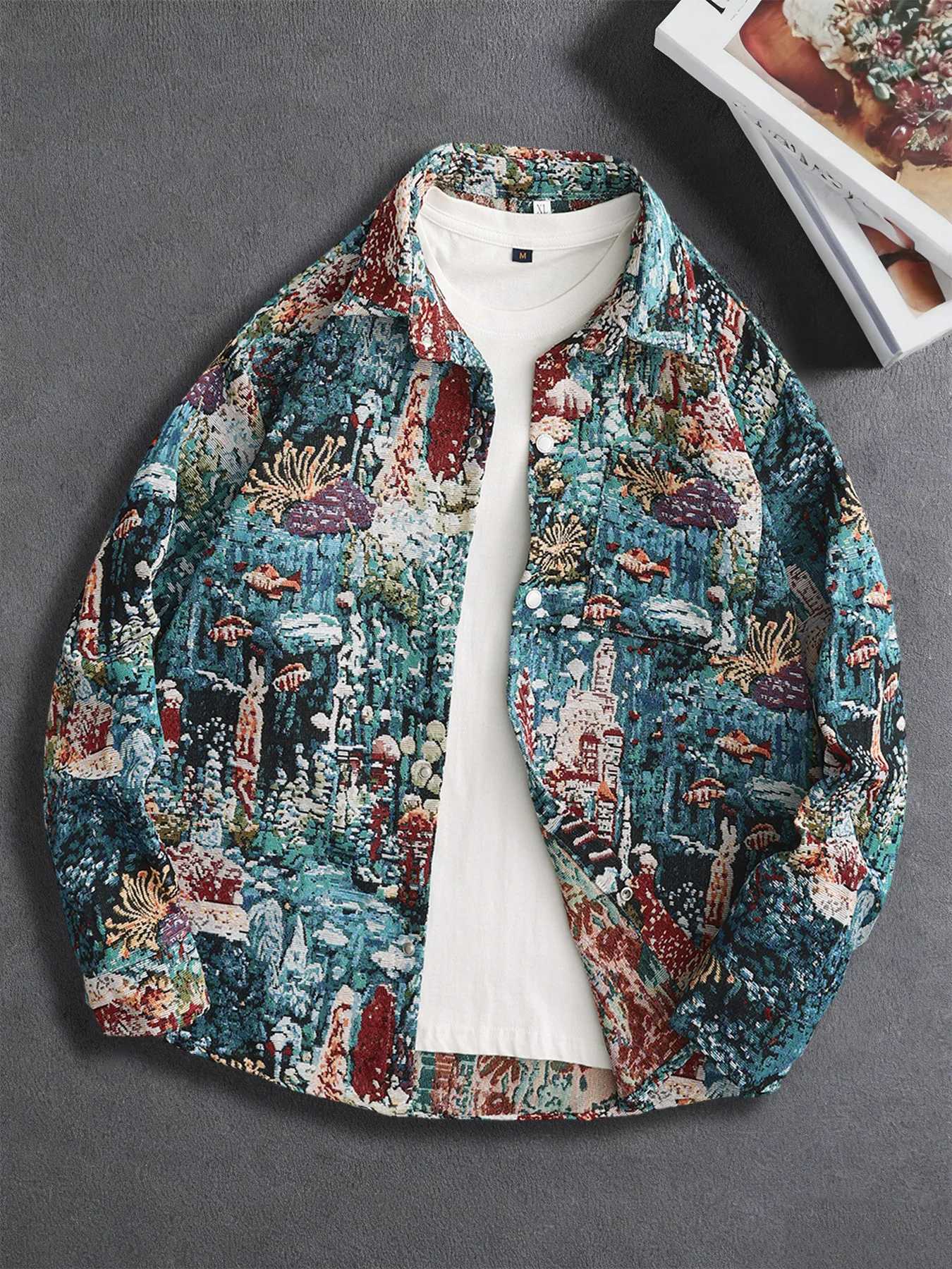 Spring and Autumn New Mens Ocean World Colorwoven Jacquard Trendy Fashion Polo Collar Jacket for Everyday Commuting C260325