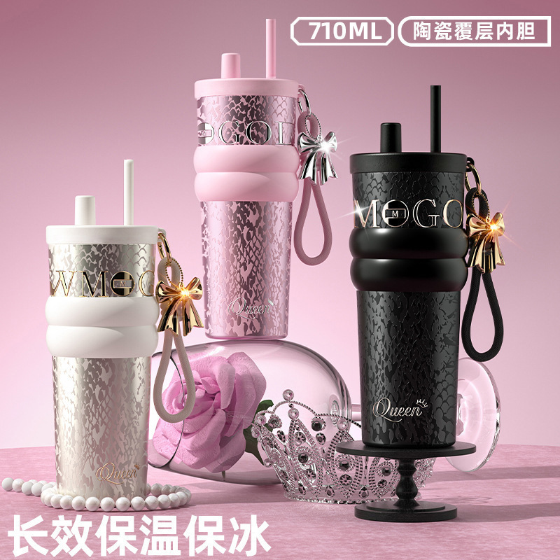 High-value ceramic liner thermos cup, large-capacity light luxury portable straw cup, high-end company gift water cup wholesale