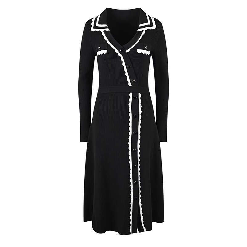 2026 Spring Designer French F8 Elegant V-neck Black Knitted High end Sleeve Bottom Skirt for Women