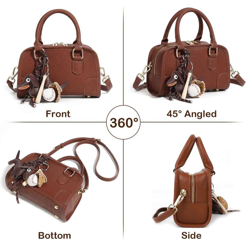 Leather Crossbody Purses for Women, Small Top Handle Cute Shoulder Bag with Pendant and Adjustable Strap
