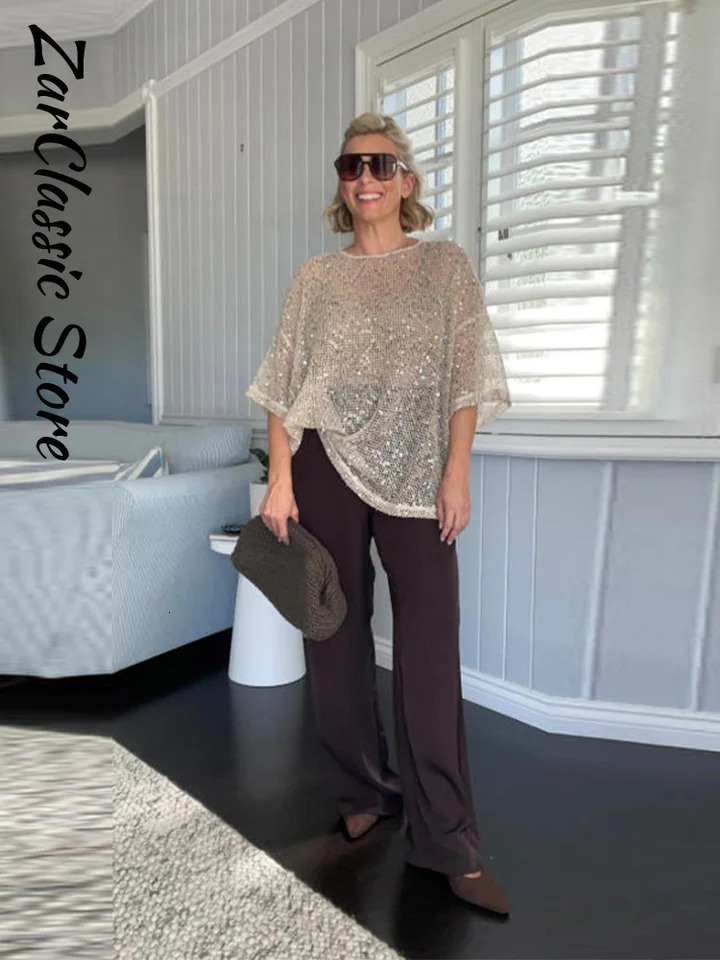 Sequin See Through Womens T-Shirt Hollow Out Oversize Round Neck Short Sleeve Loose Summer Top Lady Casual Daily Clothing 260324 - view 7