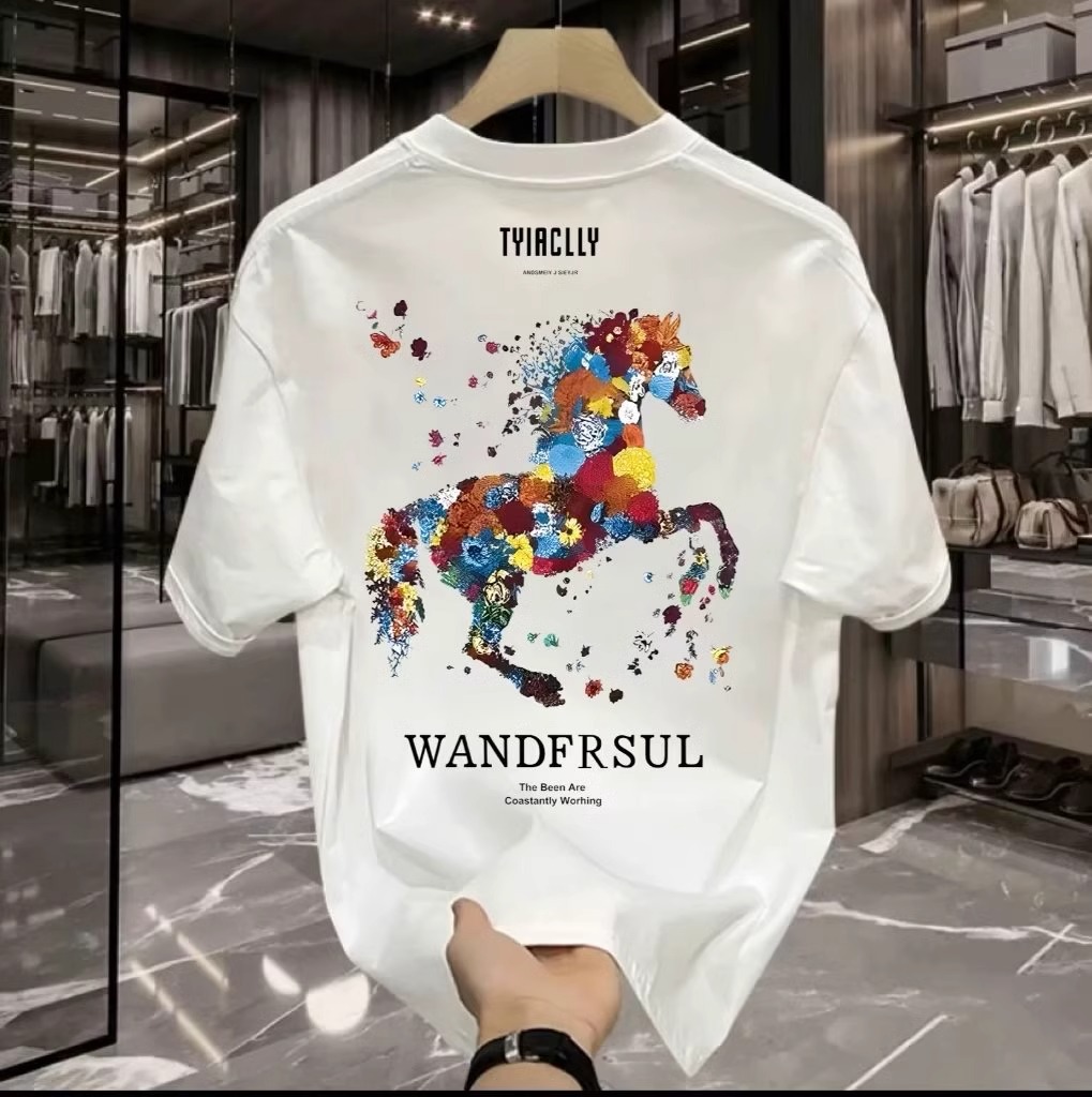 2026 Summer New Arrivals Men's Chinese Streetwear Heavyweight Cotton T-Shirts | Horse Graphic Regular-Fit Crew Neck INS Short Sleeve Tees