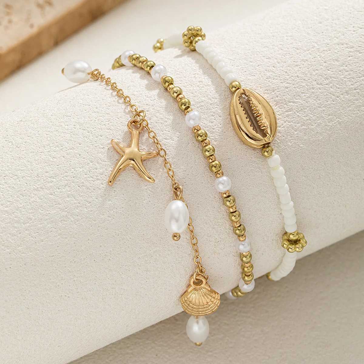 3 vacation beach style alloy shell scallop tassel ankle chains multi-layer layered summer bead womens ankle chains H260325 - view 4