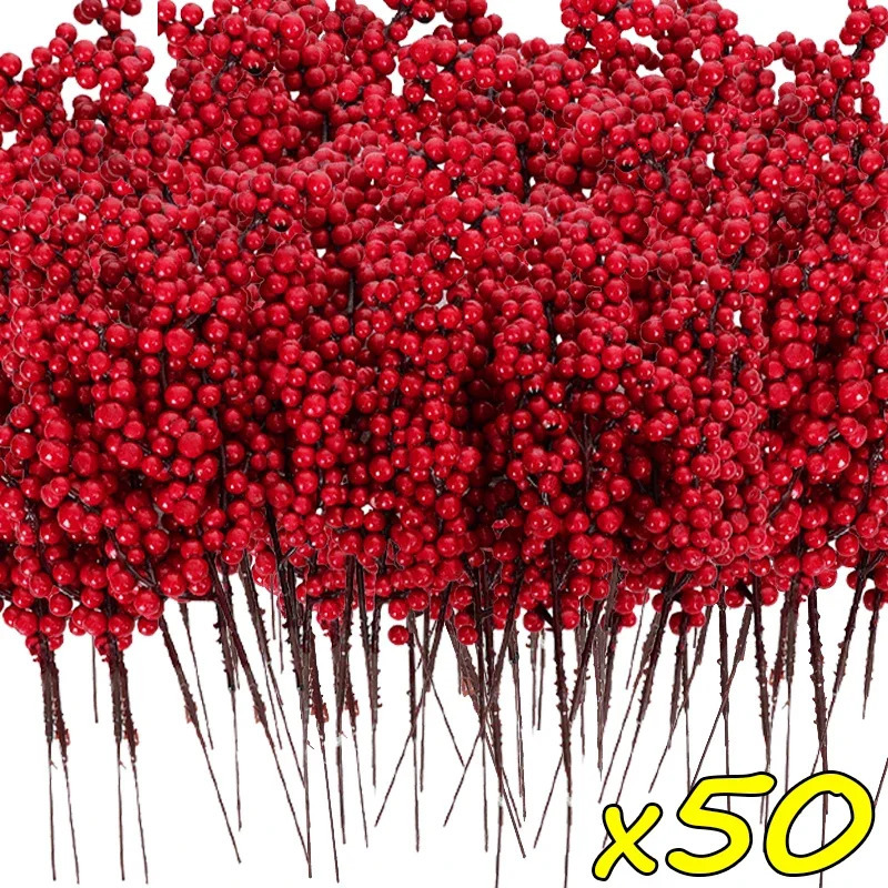 501branch Christmas Artificial Berries Stem Red Holly Berry Fake Flowers Plant for Xmas Tree Year Party Home Decor Ornament 260318BJ