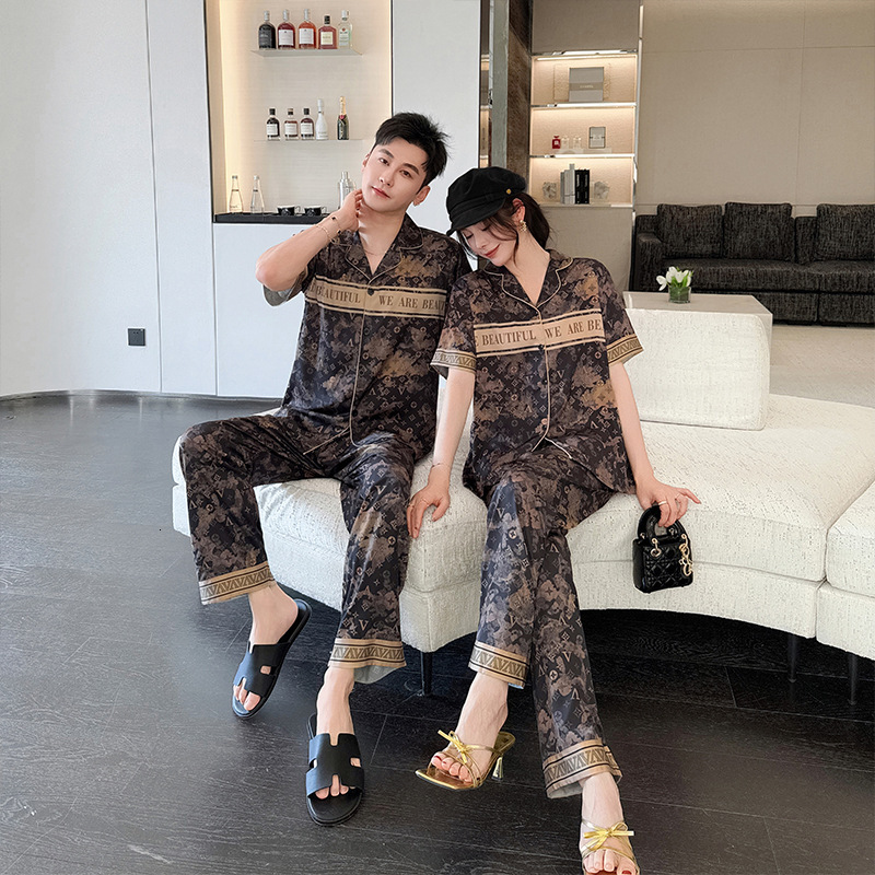 Couple Pajamas Ice Silk Short Sleeve Long Pants High End Homewear Set Soft Smooth Comfortable Lapel Cardigan Dark Print