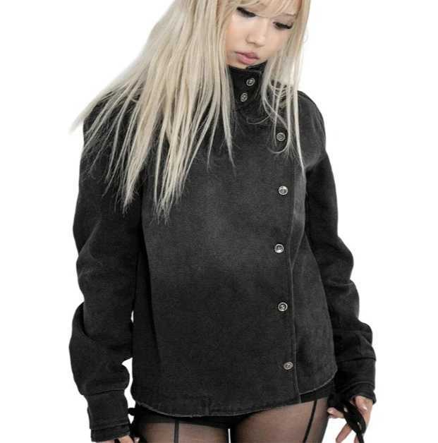 Y2K Black White Fencing Jacket Bakastroll High Neck Loose Casual Denim Jacket High Street Men Women Hip Hop Fashion Clothing C260325