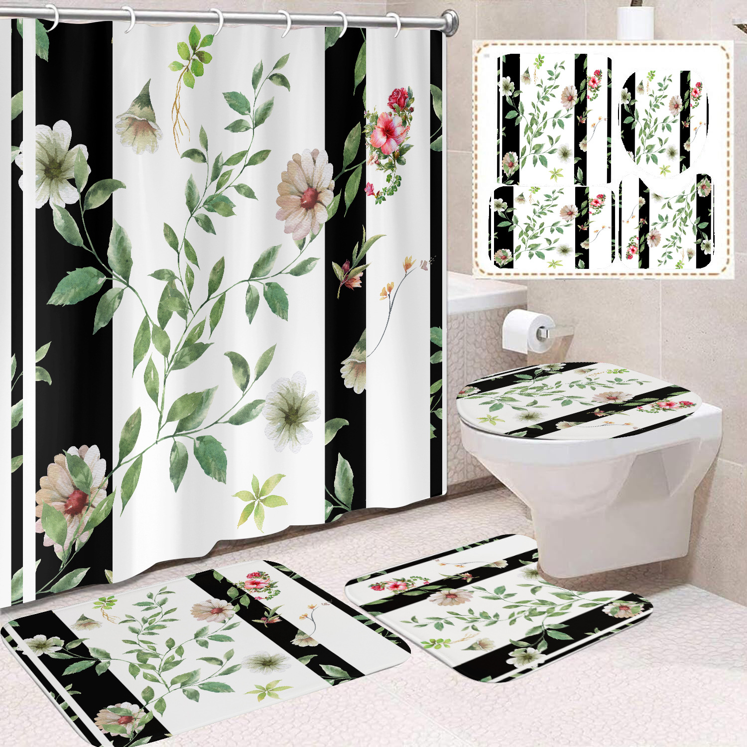 YL-38390 Floral Shower Curtain and Mat Set (4 Pieces) - Bathroom Dry and Wet Separation Toilet Isolation Curtain - Modern Minimalist Style
