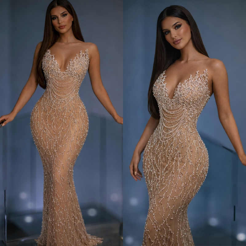 Sexy Crystals Mermaid Prom Dresses Sleeveless Strapless Evening Gowns Floor Length Celebrity Party Customized