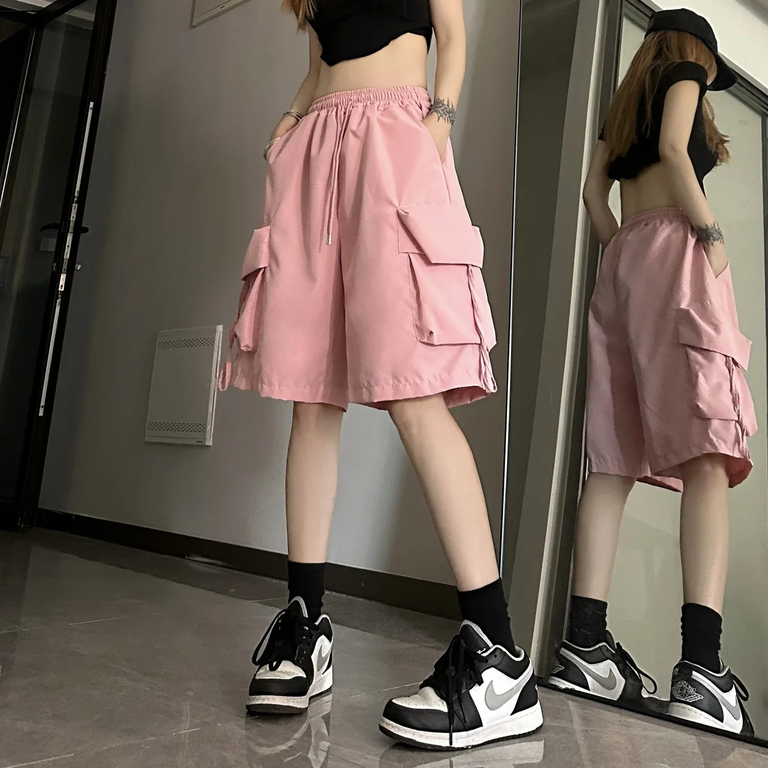 Y2K Cargo Short Harajuku Black Oversized Wide Leg Shorts Summer Streetwear Fashion High Waist Baggy Pants 2025 y260312