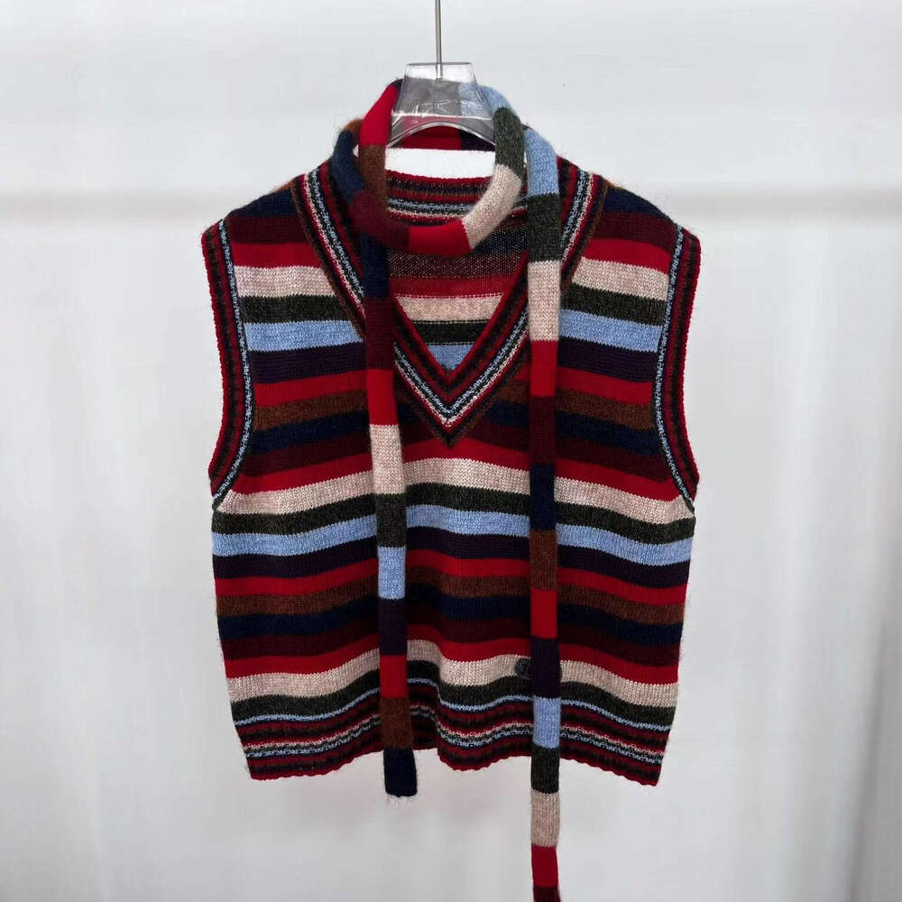2026 k30 Autumn New Designer Women's Retro Color blocked Rainbow Stripe Knitted V-neck Tank Top with Scarf
