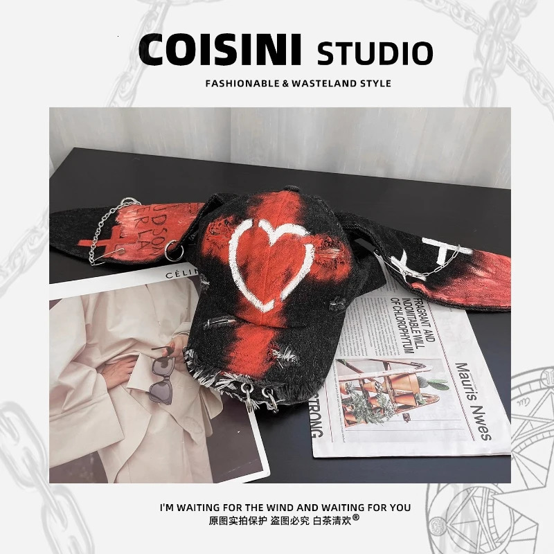 er Style Love Graffiti Rabbit Ear Baseball Cap Y2K Autumn Winter Street Personality Hole Retro Denim Hats Unisex 260304