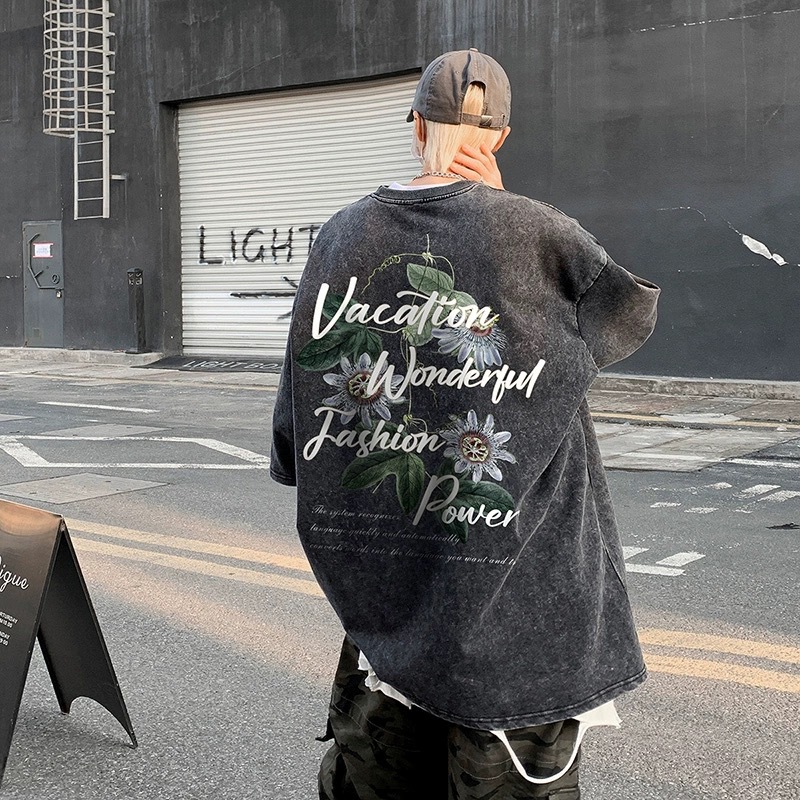 Men's American Oversized Versatile INS Streetwear Distressed Washed Tees | Spring Summer Cotton T-Shirts with Designer Wing Print