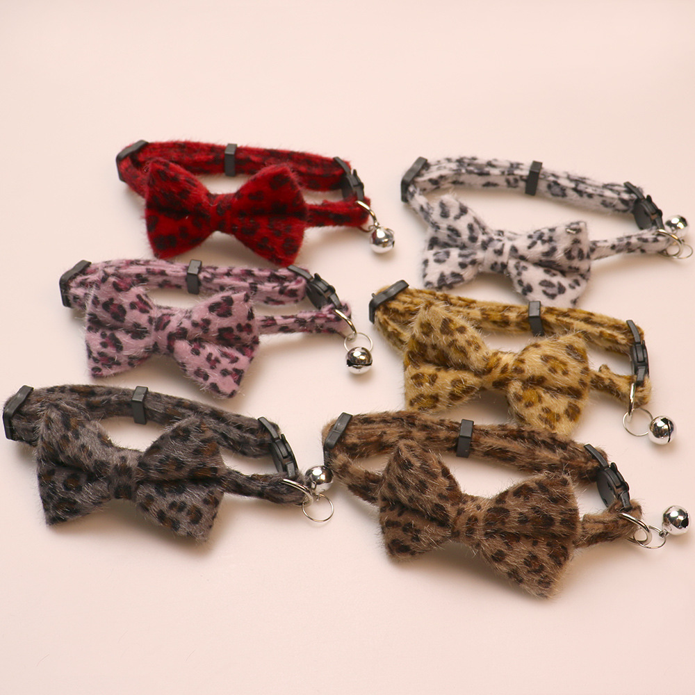 Pet Collar Leopard Pattern Cute Bell Bow Plush Design Soft Comfortable Adjustable For Cats Small Dogs