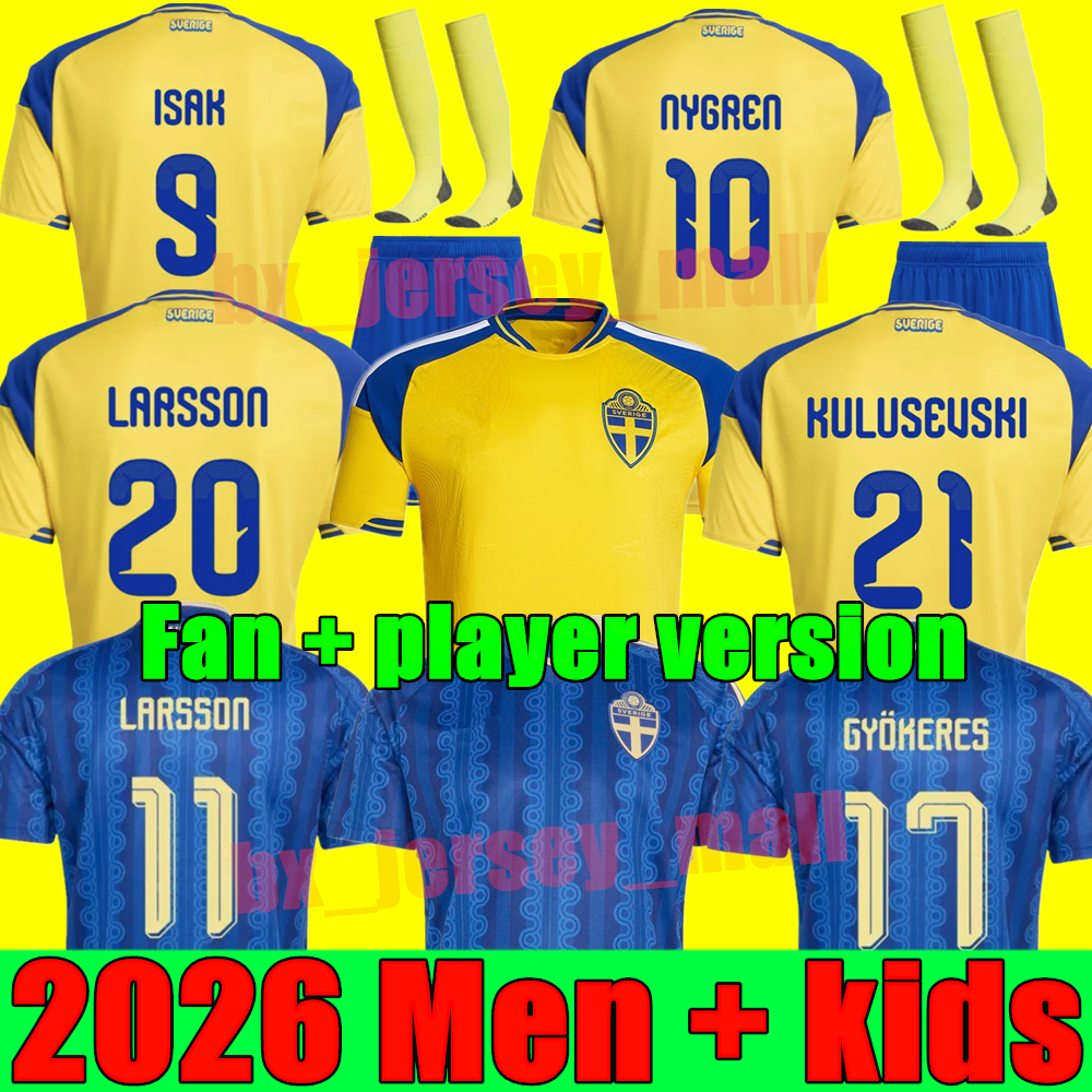 2026 Sweden World Cup Soccer Jerseys 26 27 IBRAHIMOVIC ISAK Gyokeres FORSBERG camisetas Men kids Uniform Set kits KULUSEVSKI GUSTAFSON maillot Fans football shirt