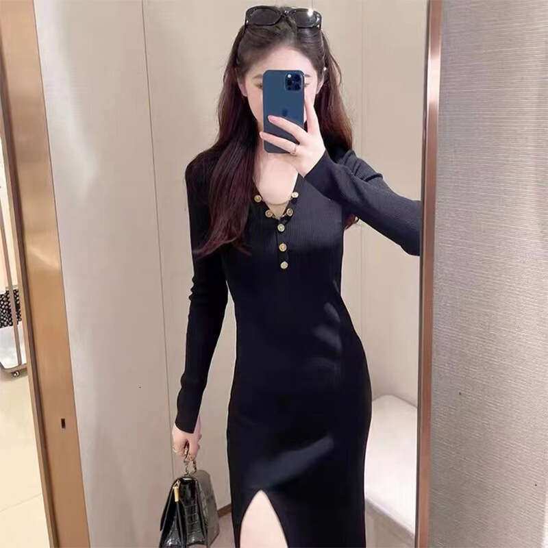 2026 autumn and winter designer k30 women's V-neck slim knit sexy black slit long sleeved dress