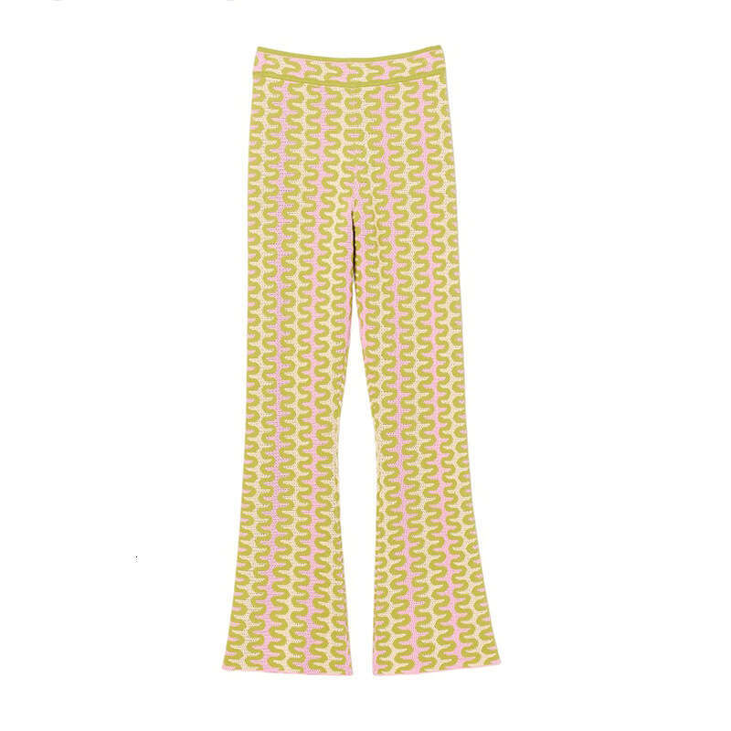 2026 summer new designer French collar shirt, short sleeved knitted top, patterned k30 flared pants for women