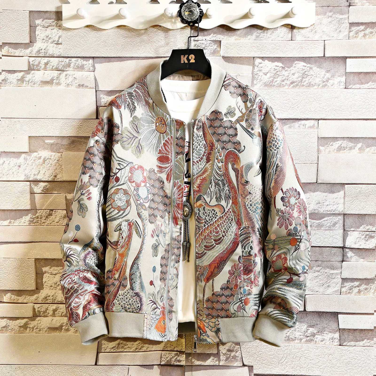 2026 Men Print Baseball Jacket Coats Mem Embroidery Crane Chinese Style Optional Harajuku Bomber Jacket Men Oversize Outerwear C260325