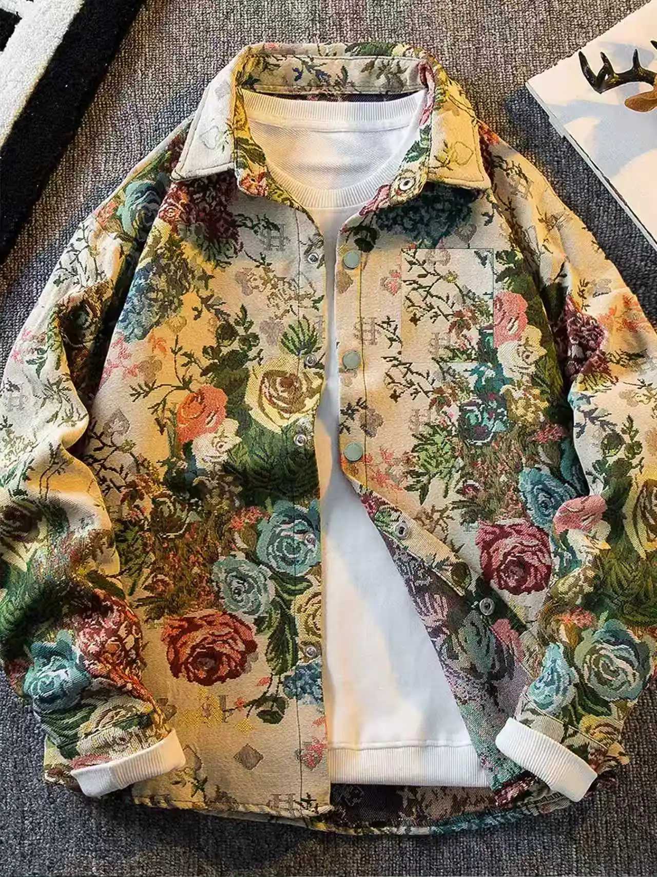 Retro rose high-end jacket mens spring and autumn light luxury trendy brand ins ruffian handsome lapel jacket C260325