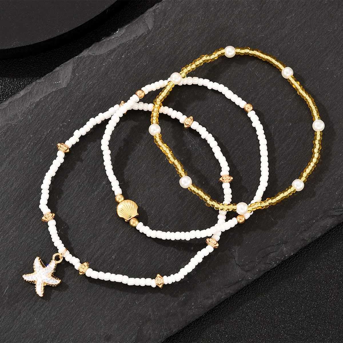 3Pcs/Set Bohemian Starfish Rice Beads Shell Anklet Set for Women Summer Gold White Color Multilayer Anklet Vacation Jewelry Gift H260325 - view 5