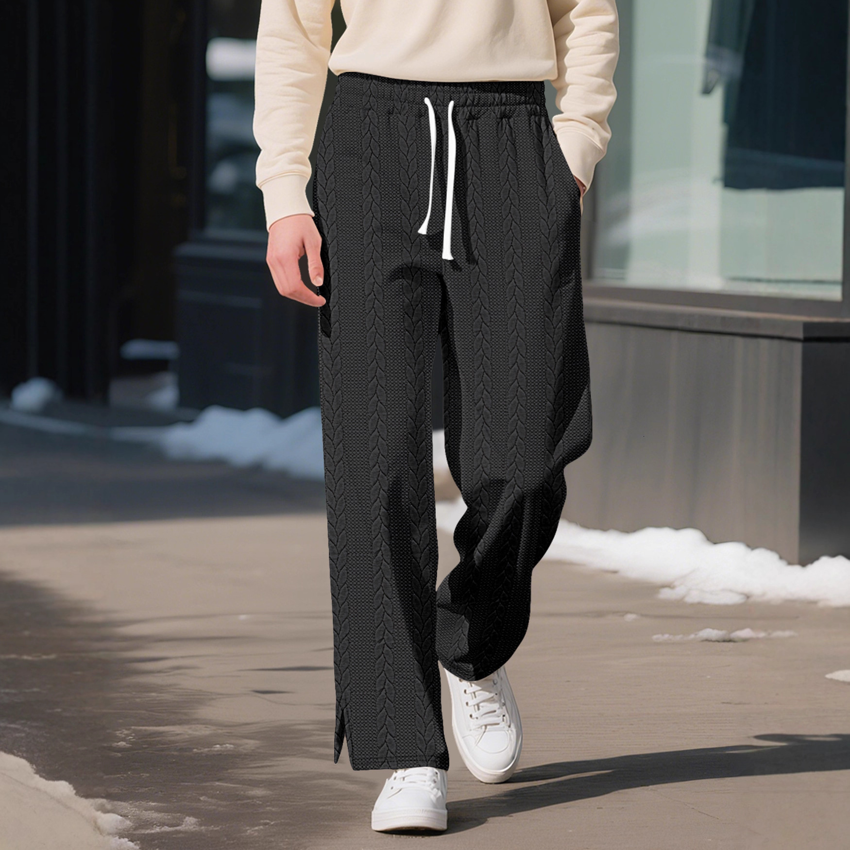 New Autumn Winter Men's American Style Casual Sports Solid Color Jacquard Essential Pants Pattern Large Size Drawstring Pants Men
