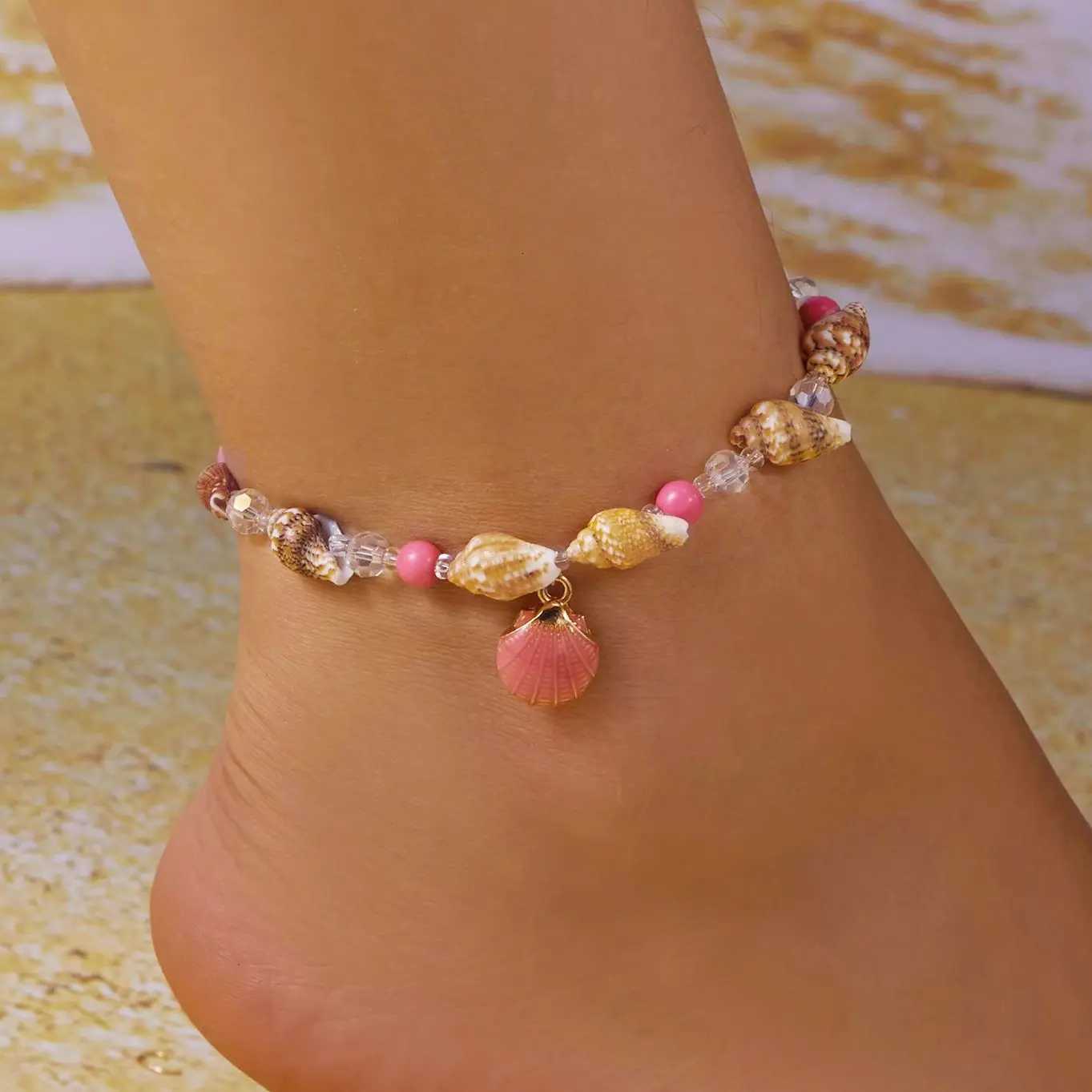Bohemian Beach Pink Metal Shell Anklet for Women Trendy Handmade Starfish Conch Rice Bead On The Leg Summer Jewelry H260325 - view 4