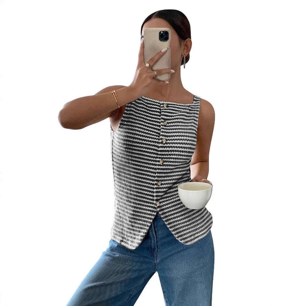 2026 designer summer new European and American women's casual button s4 up sleeveless vest top